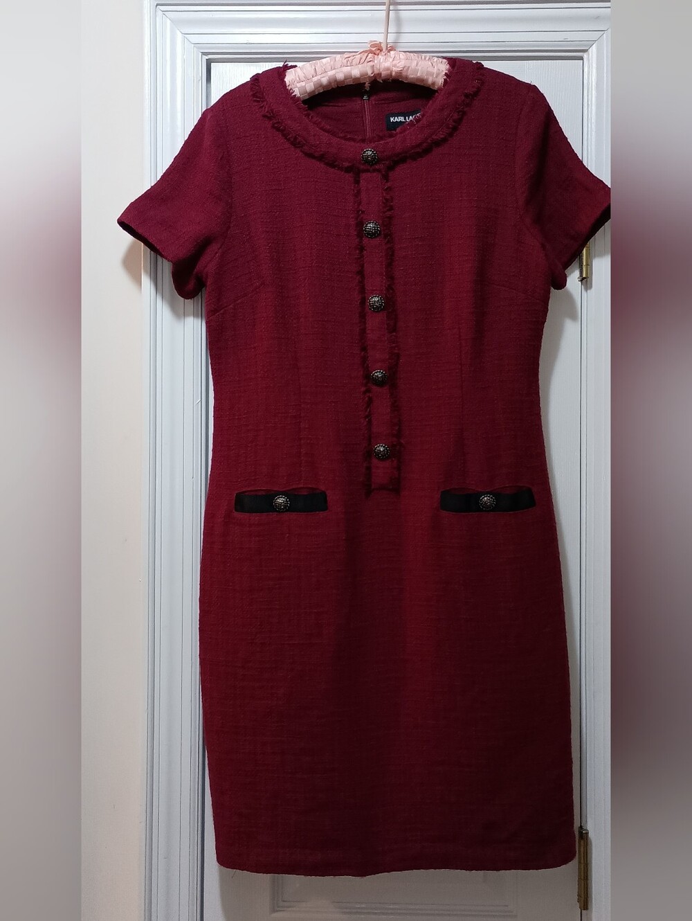 Karl Lagerfeld Burgundy Short-Sleeve Tweed Shift Dress Size 8